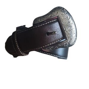 Vintage Nocona Genuine Leather Belt Sz 38 Engraved Silver Buckle Western Rodeo